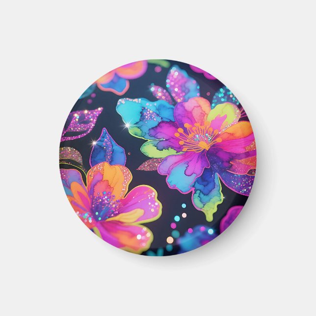 Neon Glitter Floral Pattern Magnet (Front)