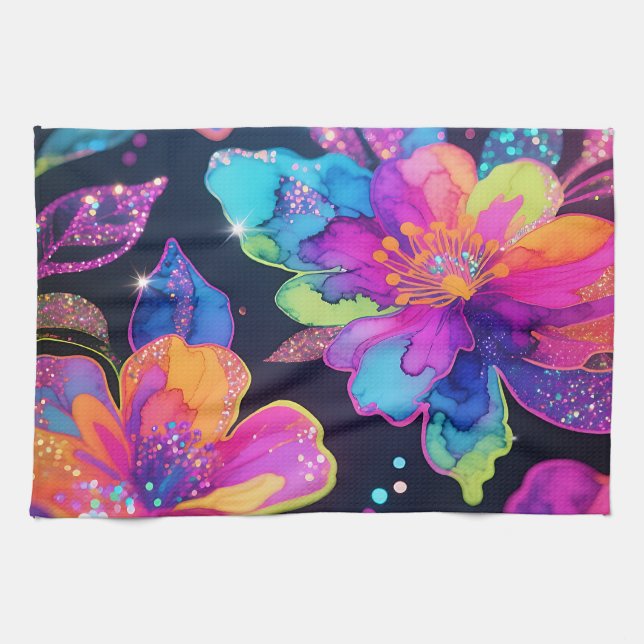 Neon Glitter Floral Pattern Tea Towel (Horizontal)