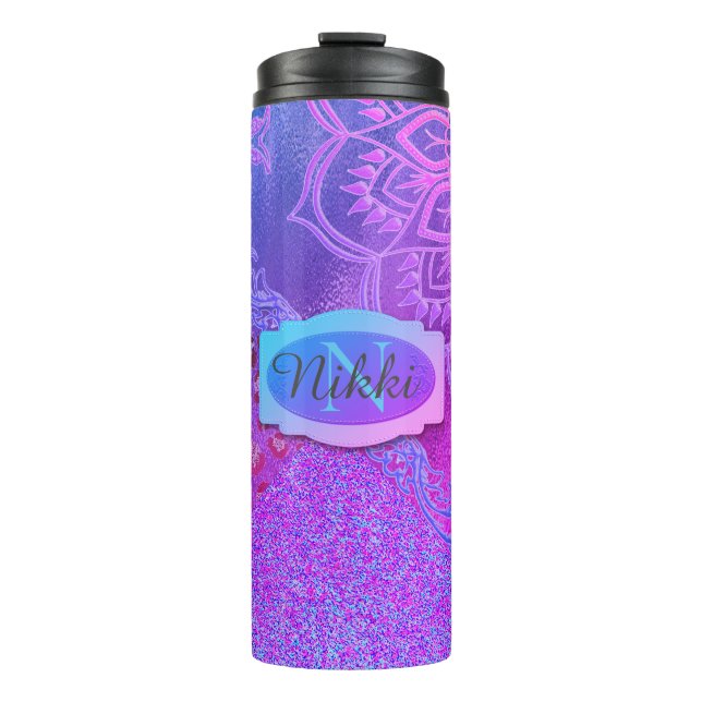 Neon Glittery Lotus Leopard Pink Purple Monogram   Thermal Tumbler (Front)