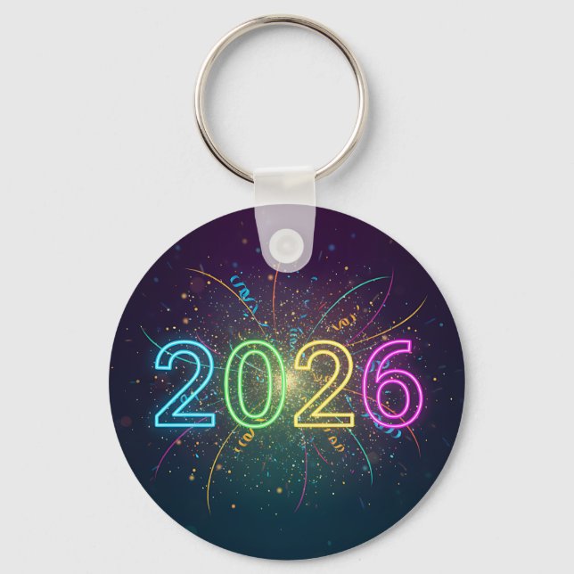 Neon Glow 2026 Fireworks Celebration Double-Sided Key Ring (Front)