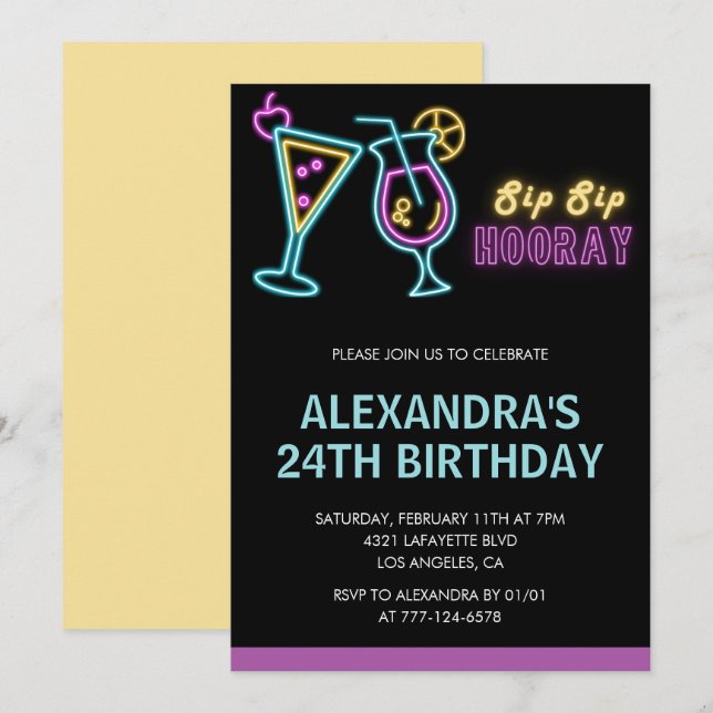 Neon Glow 24th birthday invitations Cocktail (Front/Back)