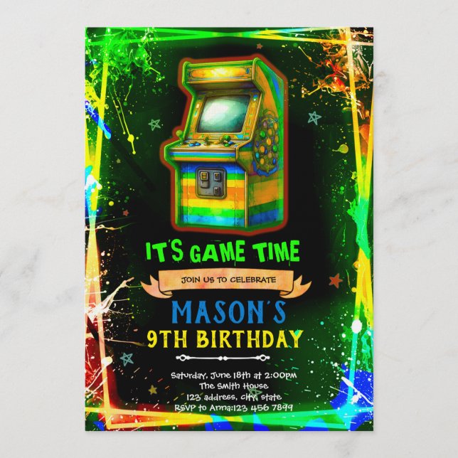 Neon glow arcade birthday invitation (Front)