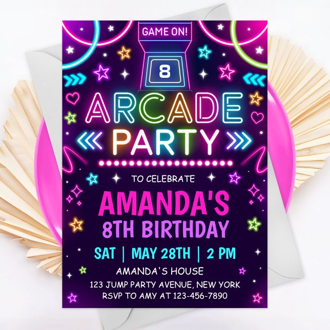 Neon Glow Arcade Birthday Party Invitation (Creator Uploaded)