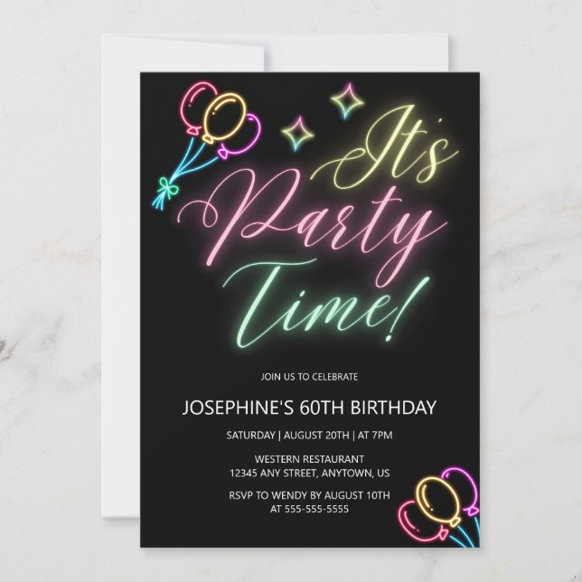 Neon Glow Balloon Party Time Birthday Invitation (Front)