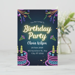 Neon Glow Birthday Party Invitation Vibrant Dark