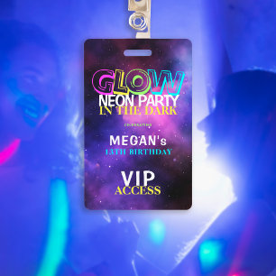 Neon glow birthday party VIP access invitation ID Badge