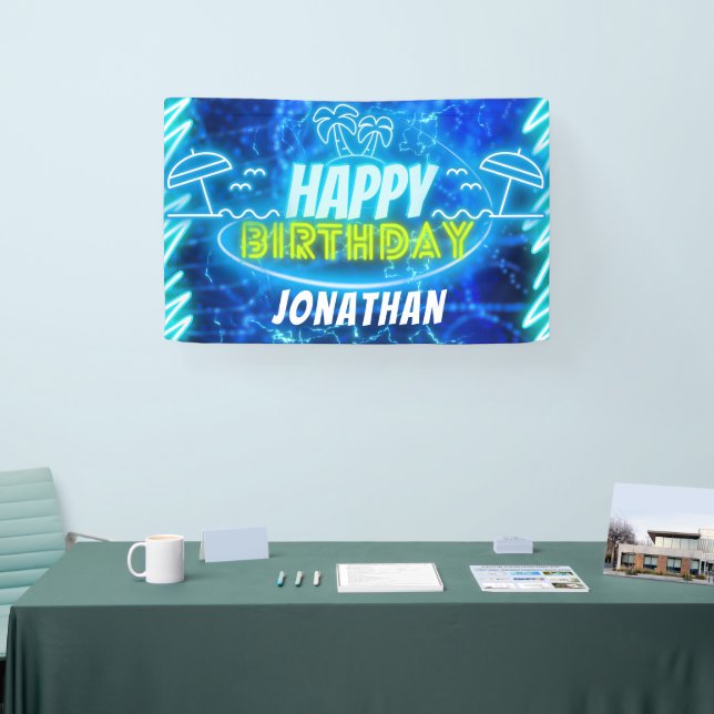 Neon Glow Blue Green Happy Birthday Boy Pool Party Banner (Tradeshow)