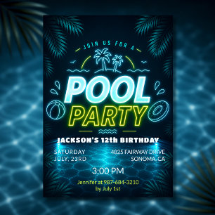 Neon Glow Blue Green Pool Birthday Party Invitation