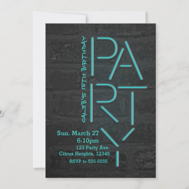Neon Glow Blue PARTY Brick Wall Urban Invitation (Front)