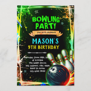 Neon glow bowling boy theme invitation