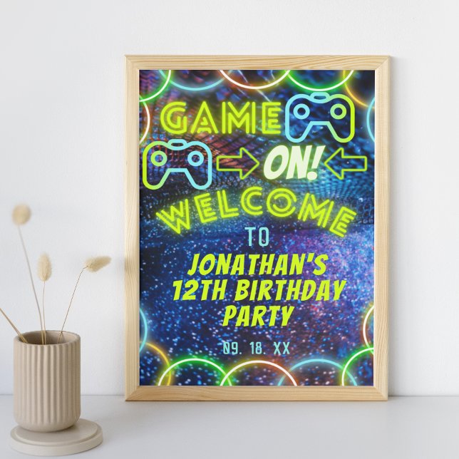 Neon Glow Boys Game On Gaming Party Welcome Sign (Creator Uploaded)