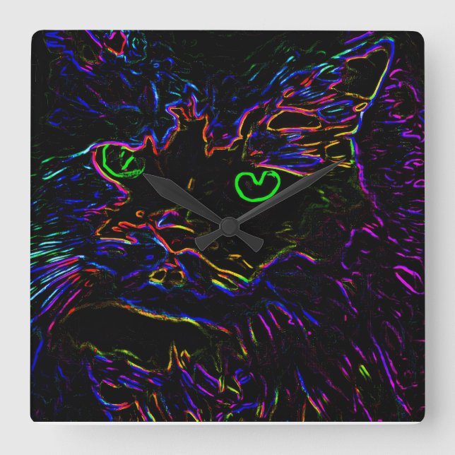 Neon Glow Cat Square Wall Clock (Front)