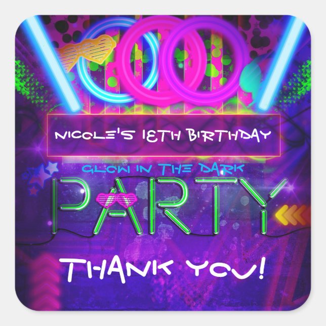 Neon Glow Club PARTY Birthday Favour Stickers (Front)