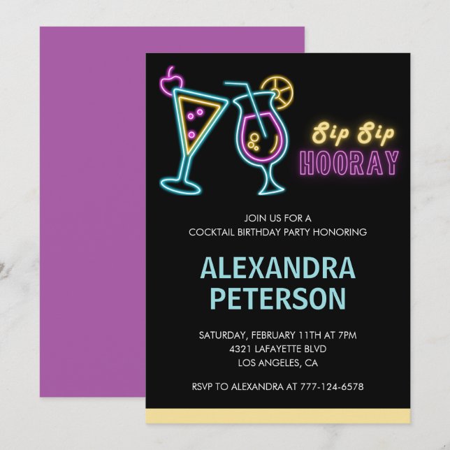 Neon Glow Cocktail 74th birthday Invitation (Front/Back)
