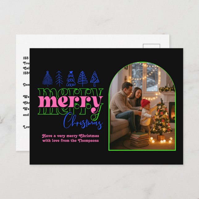 Neon Glow Cosy Arch Photo Merry Christmas Holiday Postcard (Front/Back)