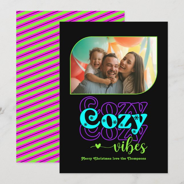 Neon Glow Cosy Vibes Only Christmas Photo Holiday Card (Front/Back)