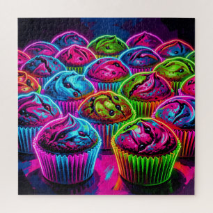 Neon Glow Cupcakes Pattern Jigsaw Puzzle