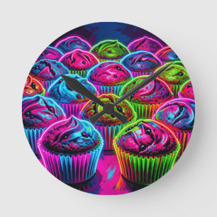 Neon Glow Cupcakes Pattern Round Clock
