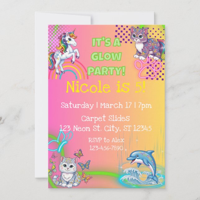 Neon Glow Cute Animal Girly birthday party Invitation (Front)