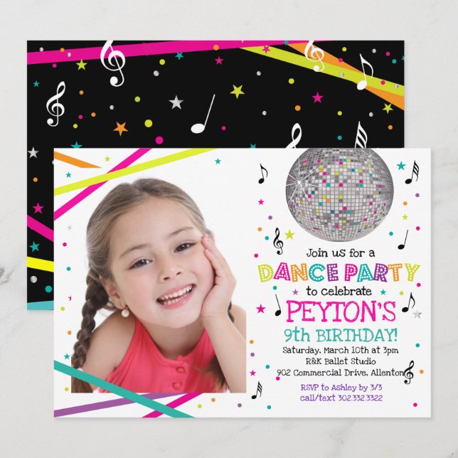 Neon Glow Dance Party - Photo Invitation (Front/Back)