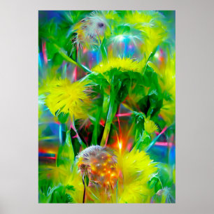 Neon Glow Dandelions in Dream Garden Poster