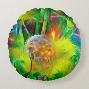 Neon Glow Dandelions in Dream Garden Round Cushion