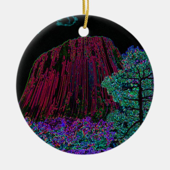 Neon Glow Devils Tower Ceramic Tree Decoration (Front)