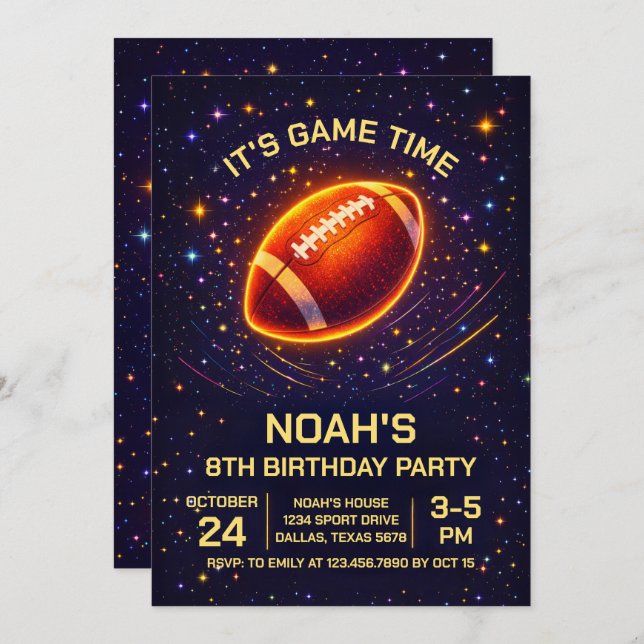 Neon Glow Football Birthday Invitation (Front/Back)