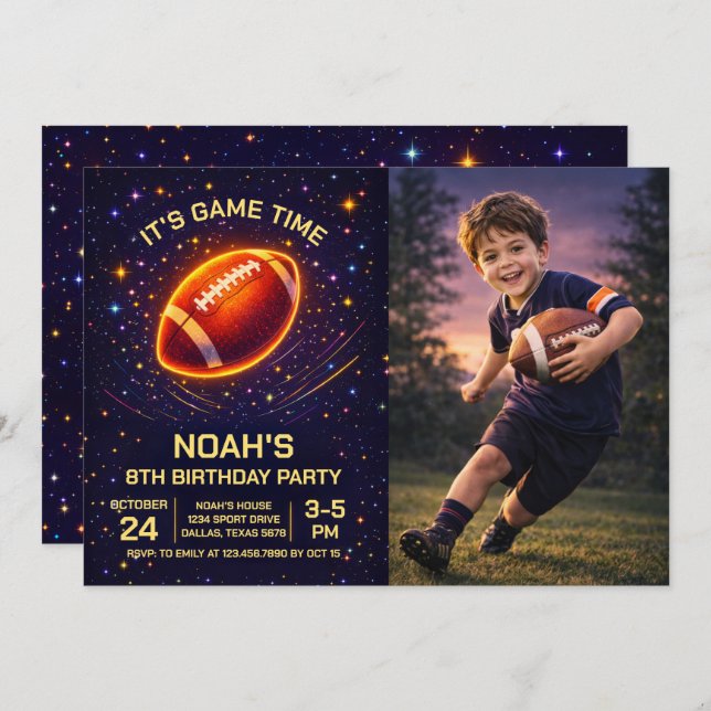 Neon Glow Football Birthday Photo Invitation (Front/Back)