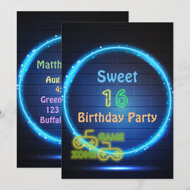 Neon Glow Gaming Sweet Sixteen Birthday Party Invitation (Front/Back)