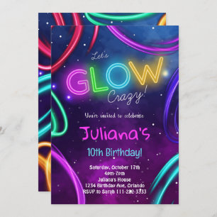 Neon Glow Girls Birthday Party Invite