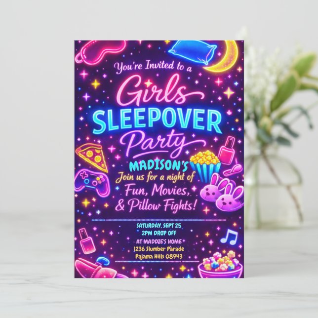 Neon Glow Girls Sleepover Party Night Slumber Invitation (Standing Front)
