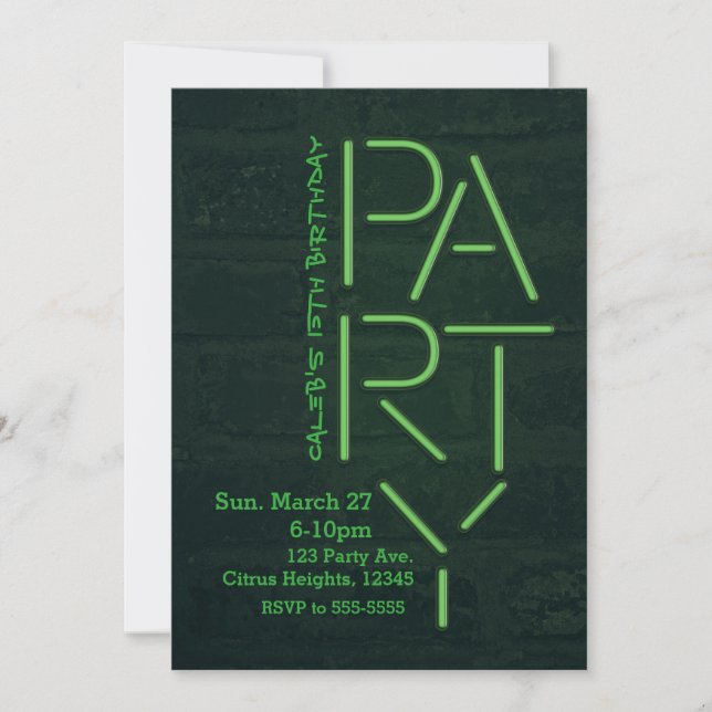 Neon Glow Green PARTY Brick Wall Urban Invitation (Front)