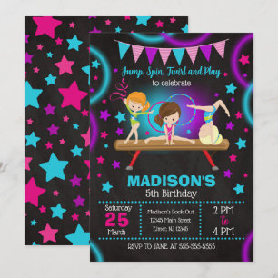Neon Glow Gymnastics Birthday Party Invitation