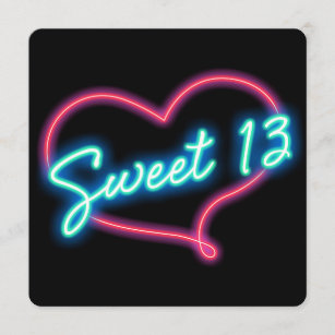 Neon Glow Heart SWEET 13 Birthday Party Invitation