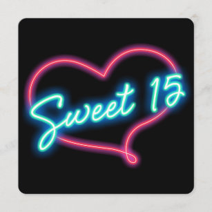 Neon Glow Heart SWEET 15 Birthday Party Invitation