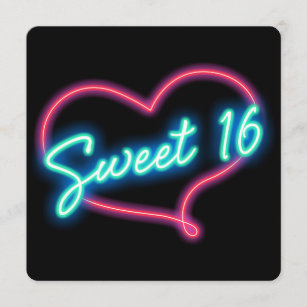 Neon Glow Heart SWEET 16 Birthday Party Invitation