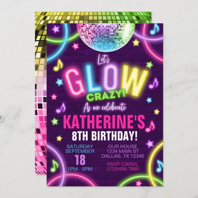Neon Glow in the Dark Birthday Party Invitation (Front/Back)