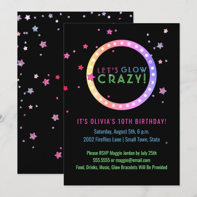 Neon Glow in the Dark Birthday Party | Kids Party Invitation (Front/Back)