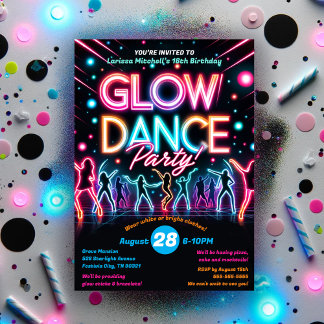 Neon Glow in the Dark Dance Birthday Party  Invitation