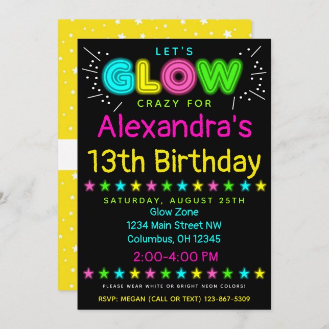 Neon Glow in the Dark Kids Birthday Party Invite (Front/Back)