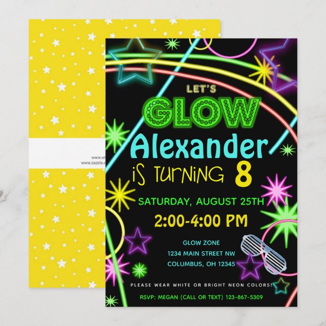 Neon Glow in the Dark Kids Birthday Party Invite (Front/Back)