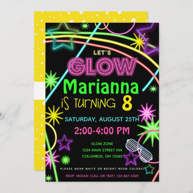 Neon Glow in the Dark Kids Birthday Party Invite (Front/Back)