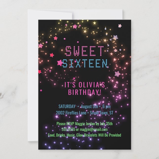 Neon Glow in the Dark Party | Stars Sweet 16 Invitation (Front)