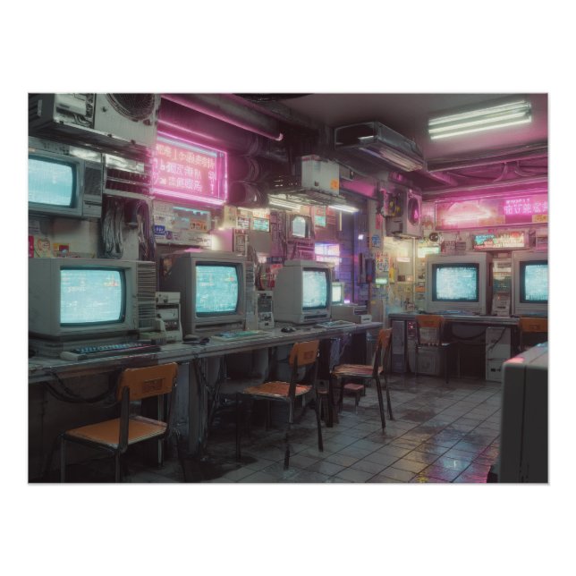 Neon Glow Internet Café with Retro Monitors Poster (Front)