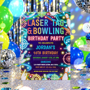 Neon Glow Laser Tag And Bowling Birthday Party Invitation