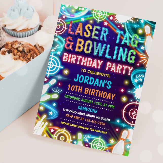 Neon Glow Laser Tag And Bowling Birthday Party  Invitation (Creator Uploaded)