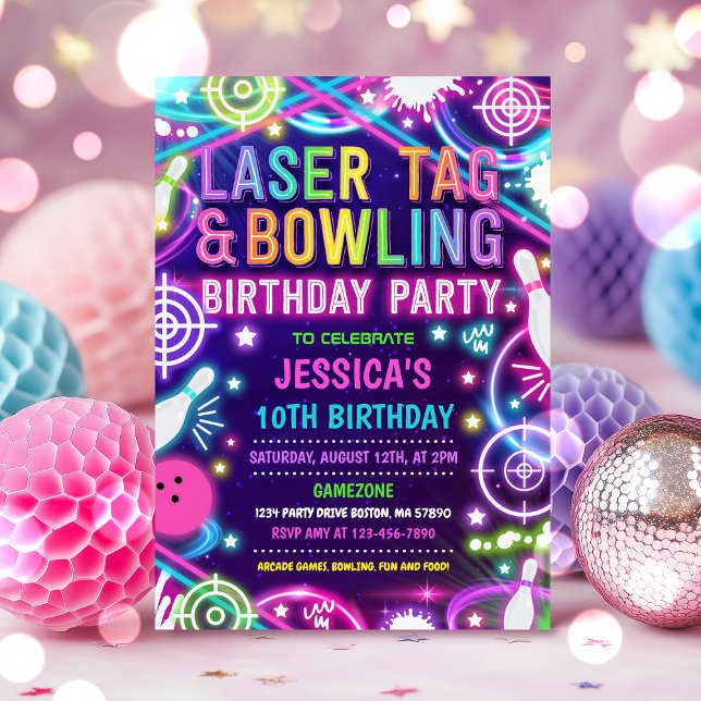 Neon Glow Laser Tag And Bowling Birthday Party  Invitation (Creator Uploaded)