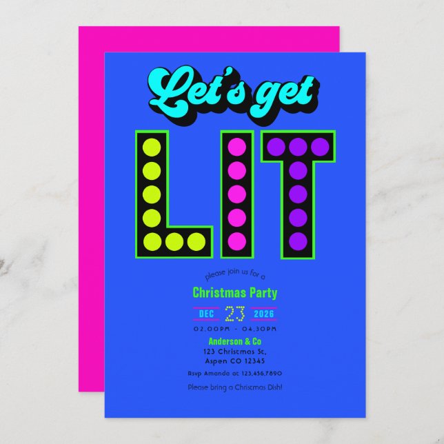 Neon Glow Let’s Get Lit Retro Christmas Party Invitation (Front/Back)