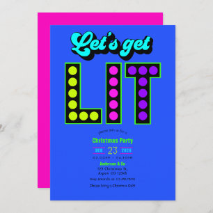 Neon Glow Let’s Get Lit Retro Christmas Party Invitation